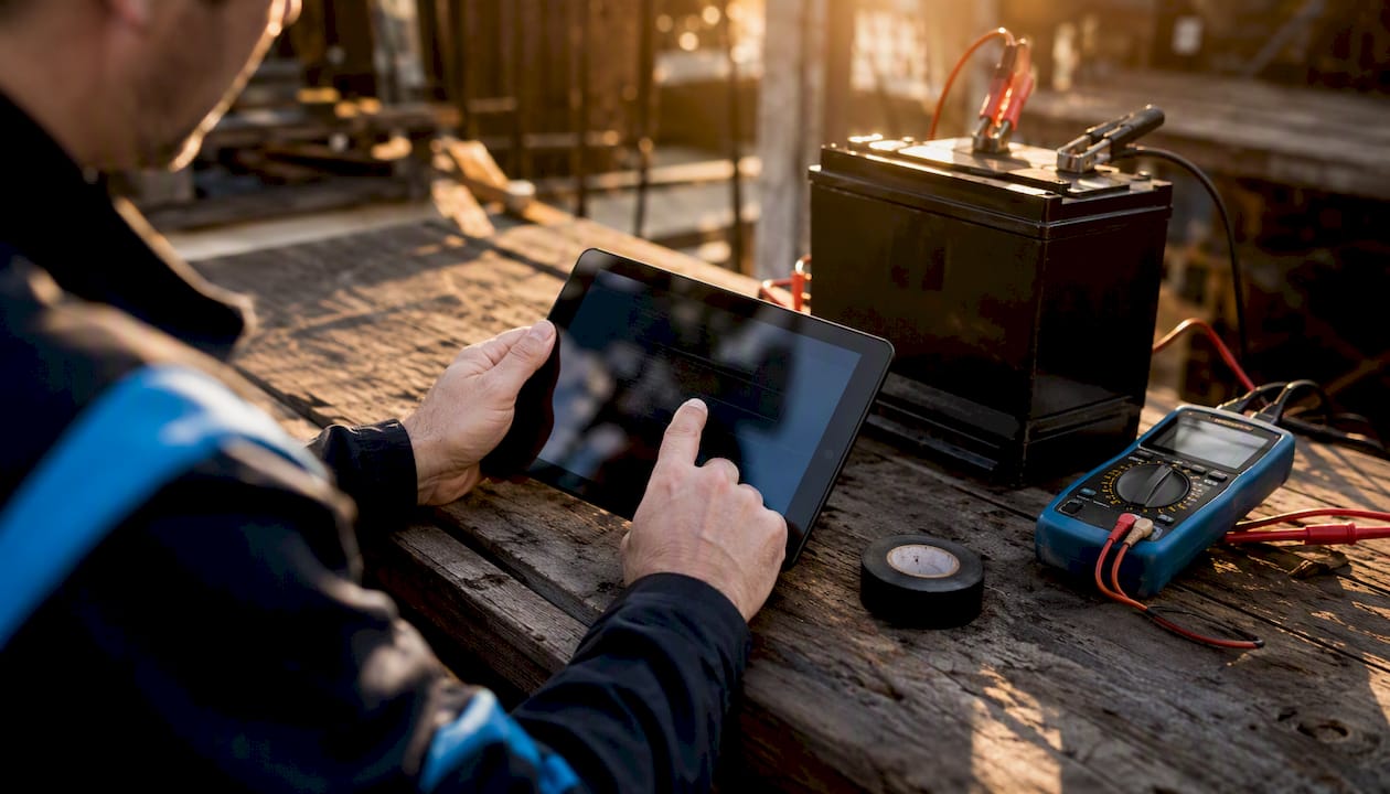 Hands checking battery charger app at desk