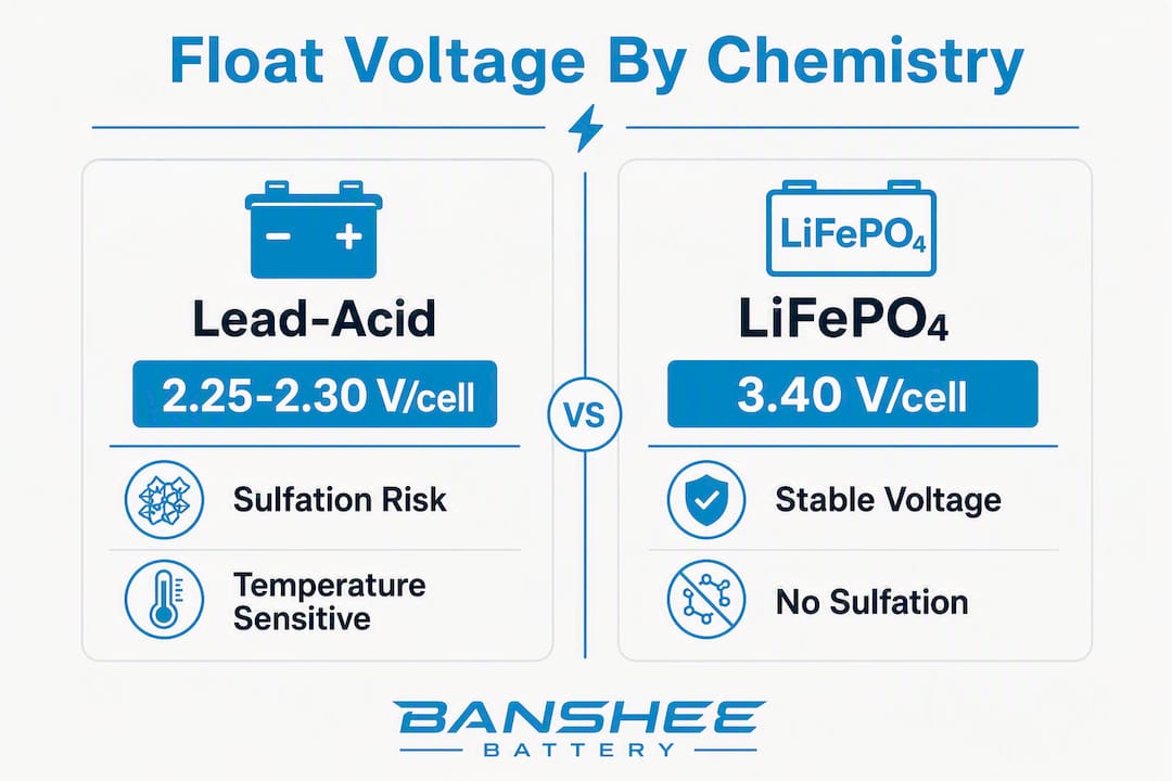 Infographic comparing float voltage ranges for battery chemistries