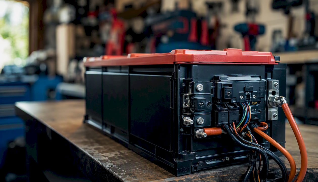 Close-up of vehicle battery wiring and sensors