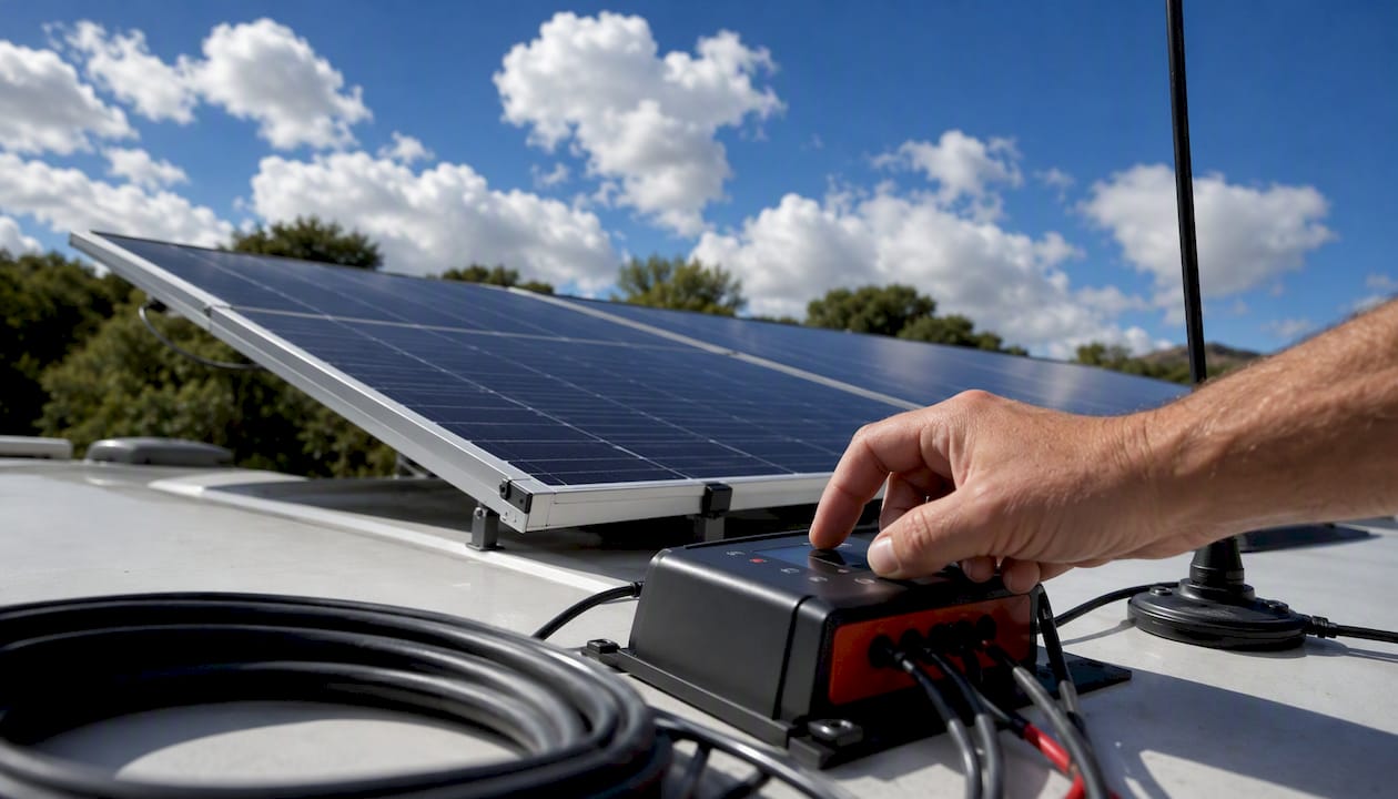 RV solar panels producing power in midday sun