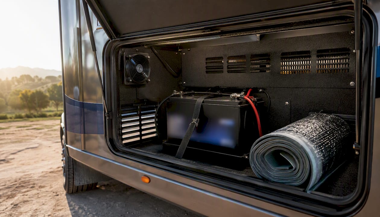Ventilated RV battery compartment protecting batteries from heat