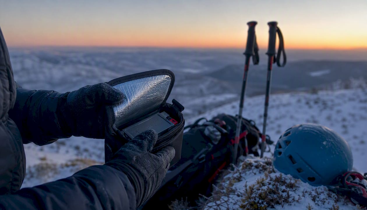 Hands holding insulated battery pouch outdoors in snow