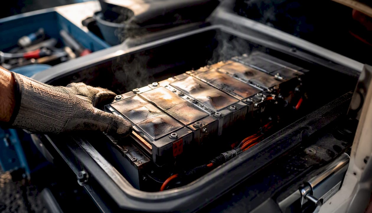 Gloved hand inspecting overheated lithium battery pack