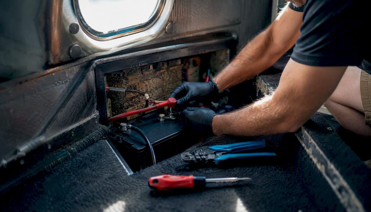 Hands connecting cables to LFP battery in marine vessel