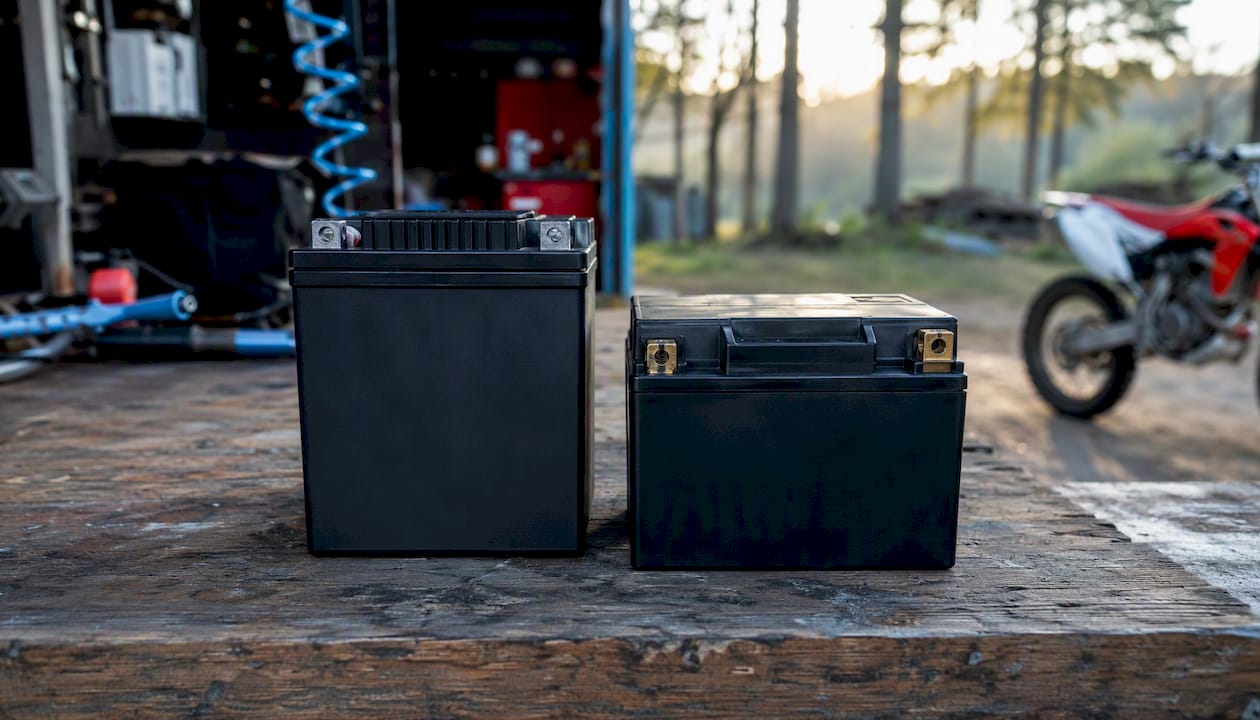 Different dirt bike batteries showing size and terminal orientation