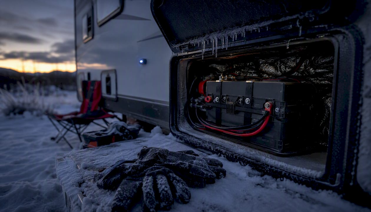 Frosted RV battery compartment in winter