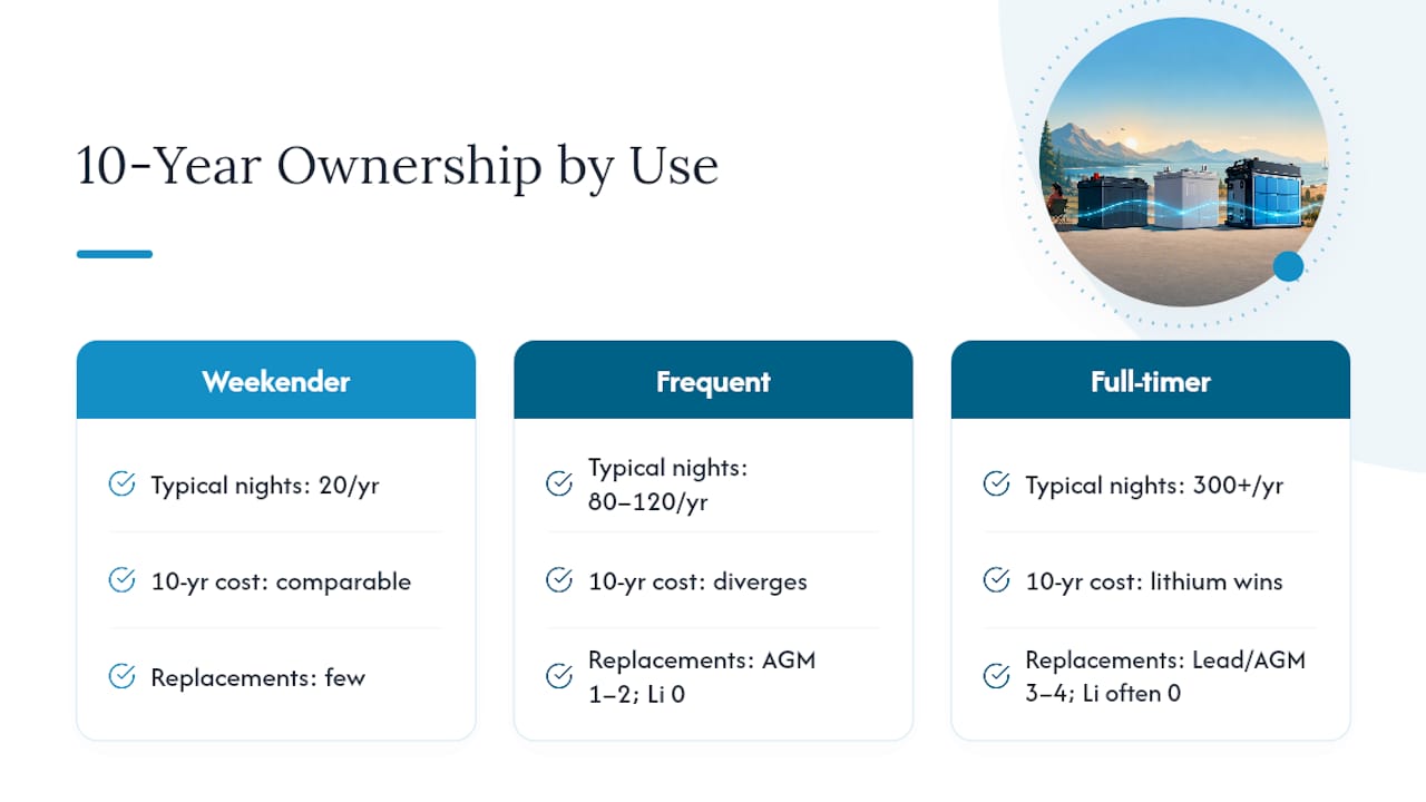Comparison of 10-year RV battery ownership costs