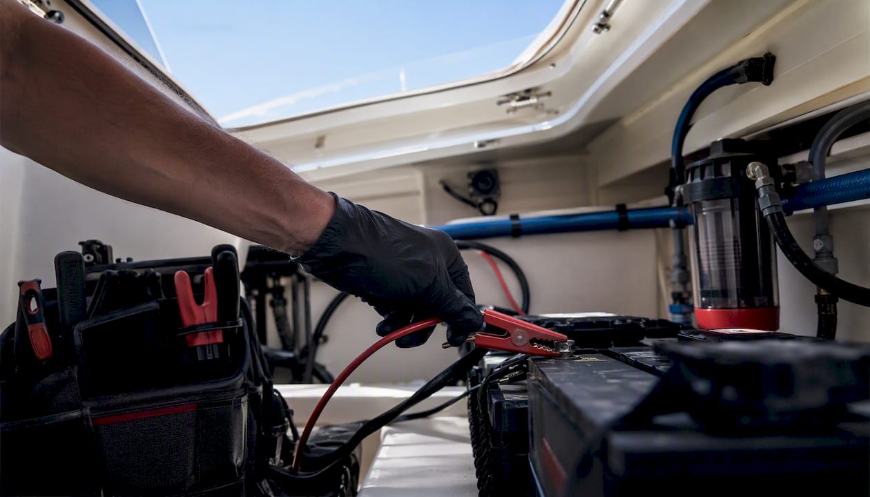 Hand connecting charger to marine battery terminal
