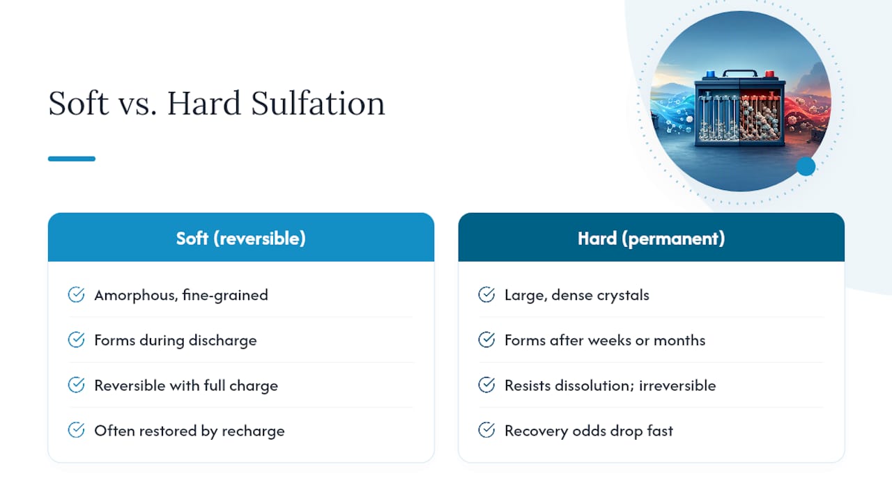 Diagram comparing reversible and permanent battery sulfation