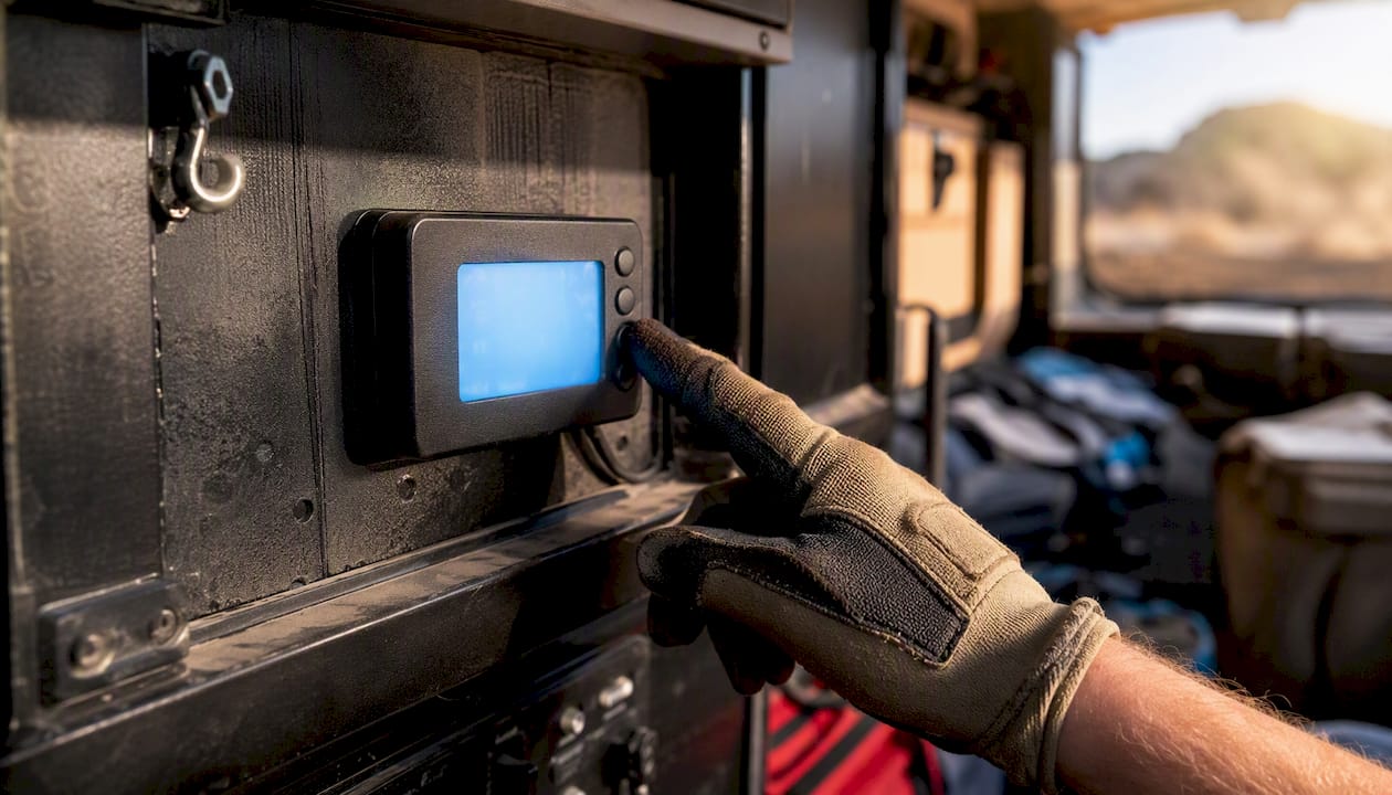 Hands operating RV battery monitor display
