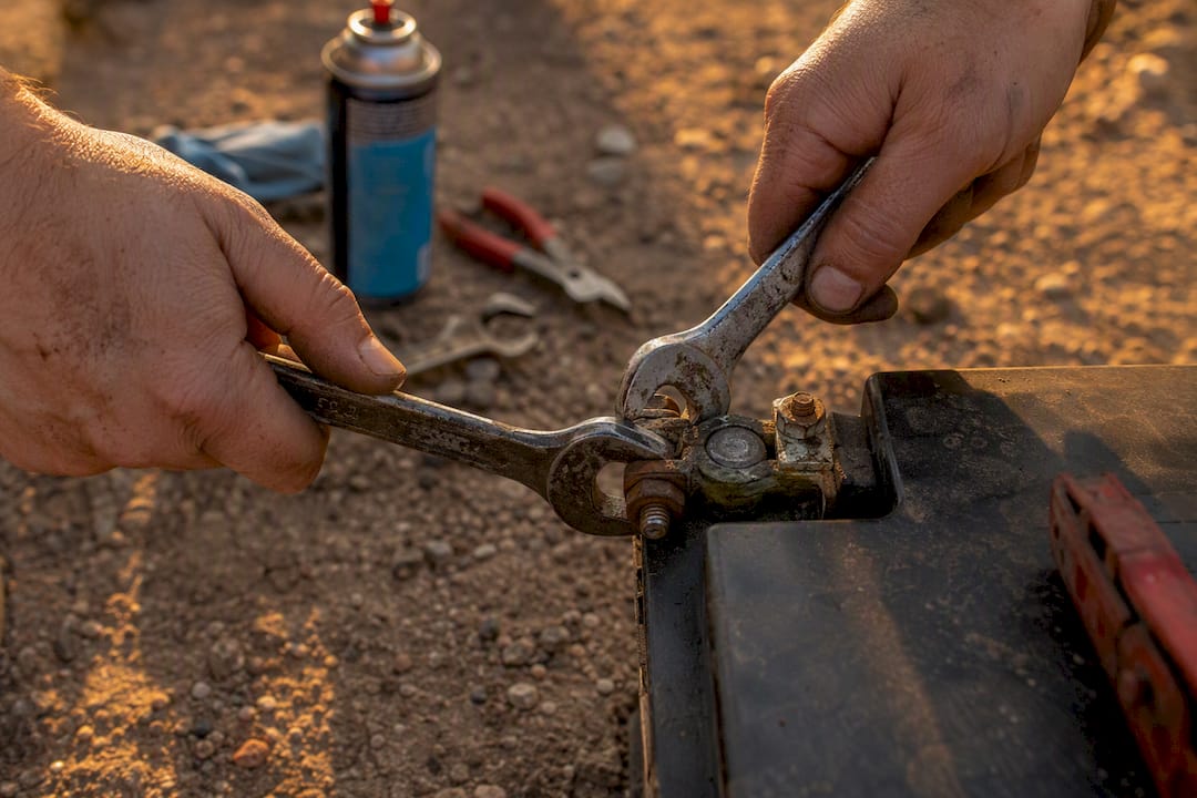Hands loosening corroded battery clamp bolt
