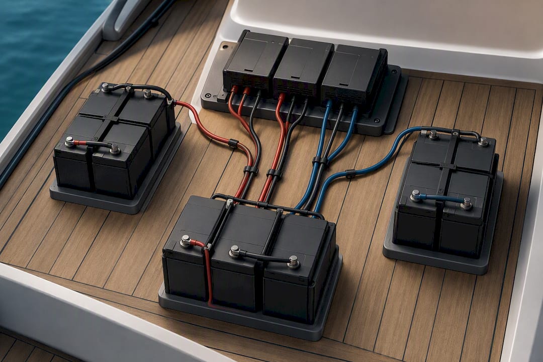 Three separate marine battery bank charging paths