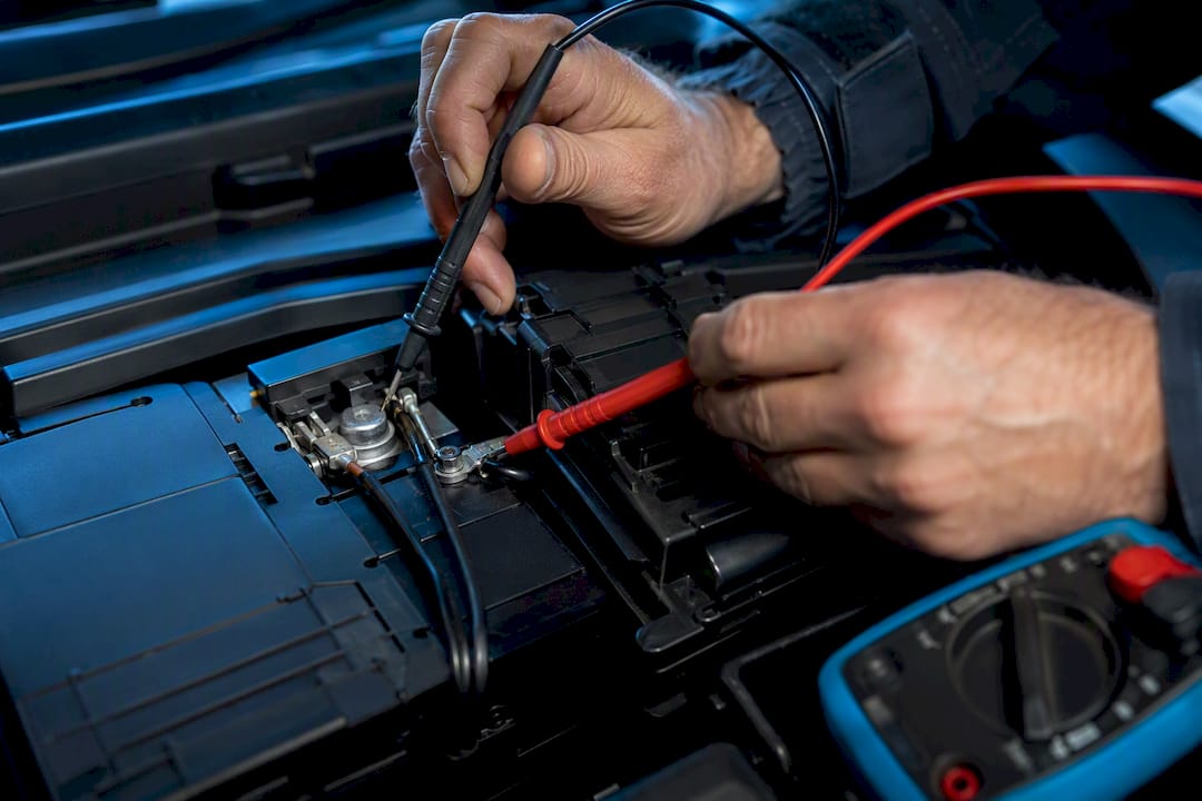 Multimeter testing battery terminal voltage