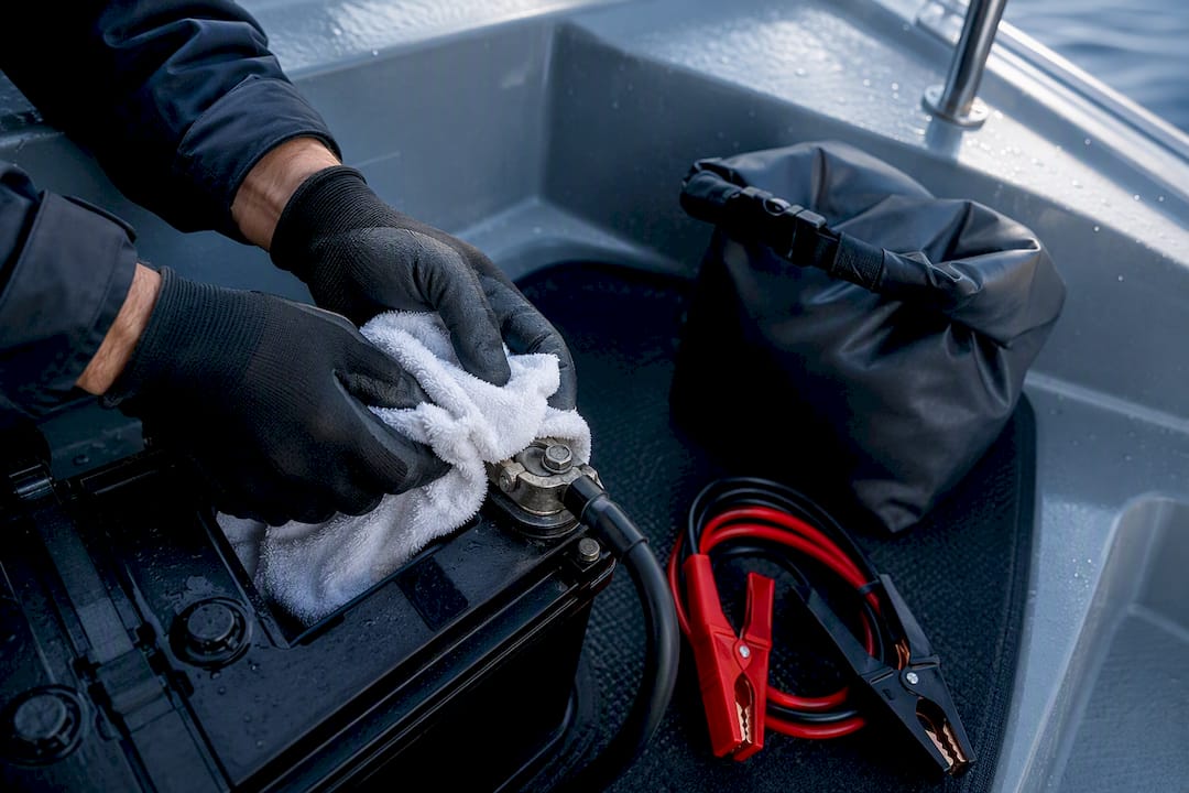 Gloved hands drying wet boat battery terminals