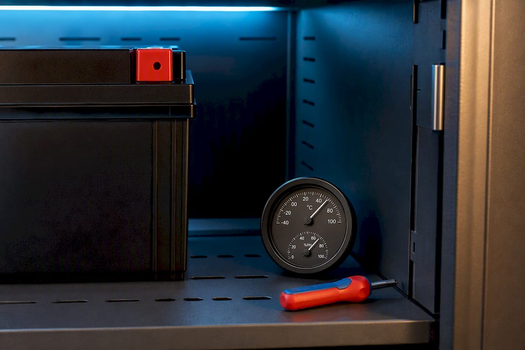 Battery stored beside temperature gauge
