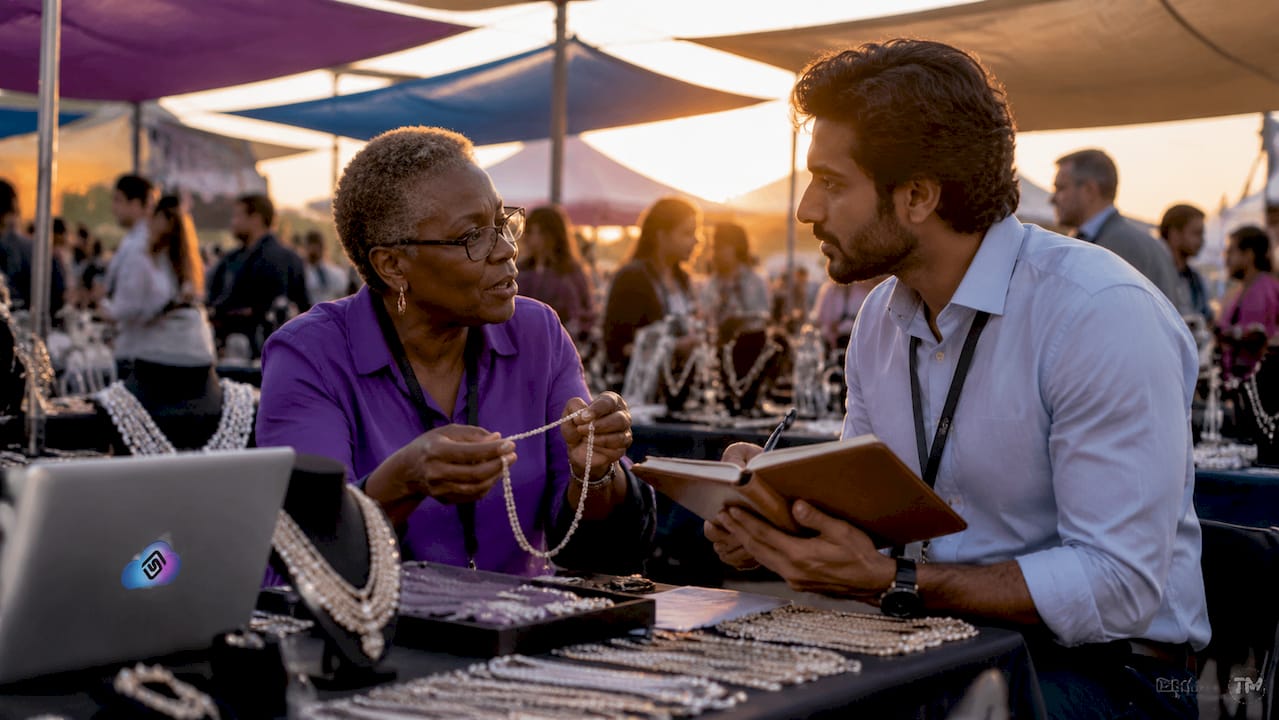 Jewelers networking at trade show booth