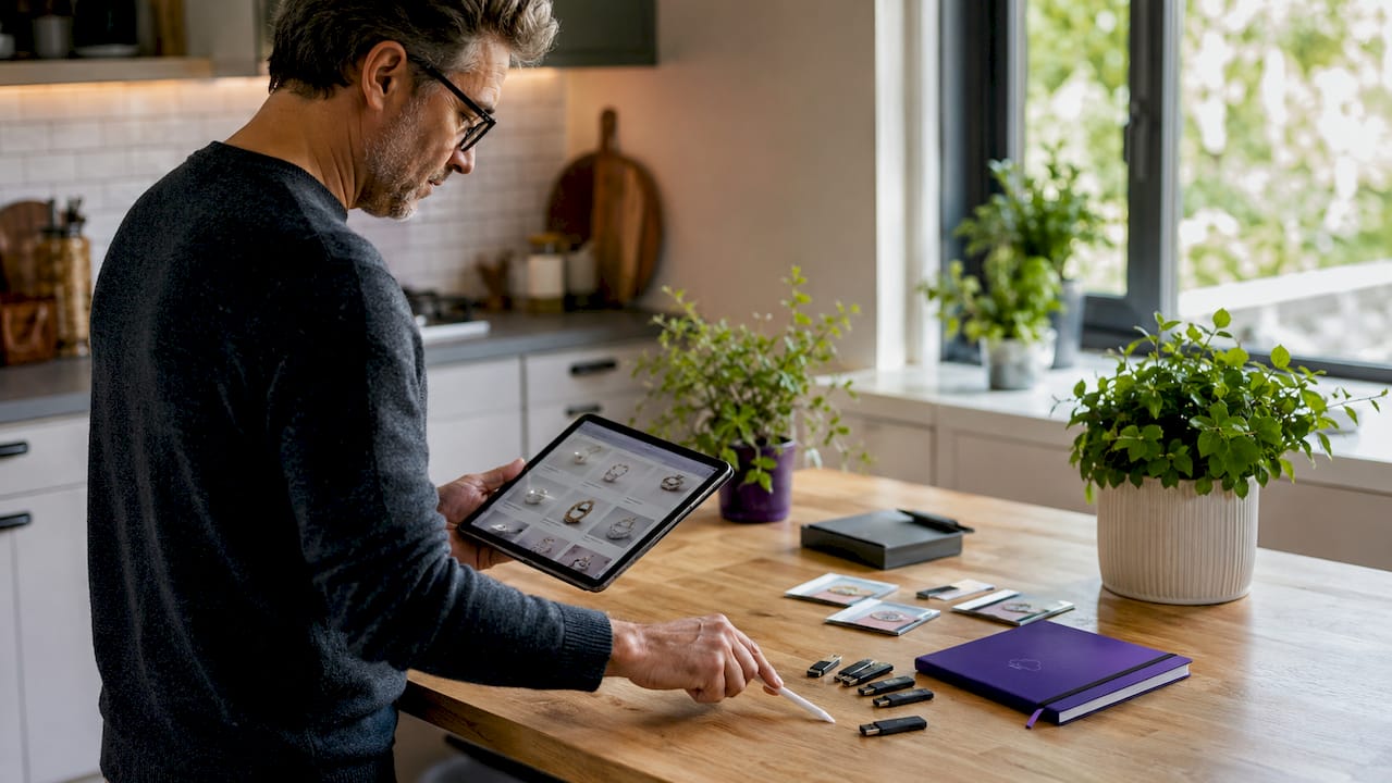 Hands organizing jewelry images on tablet