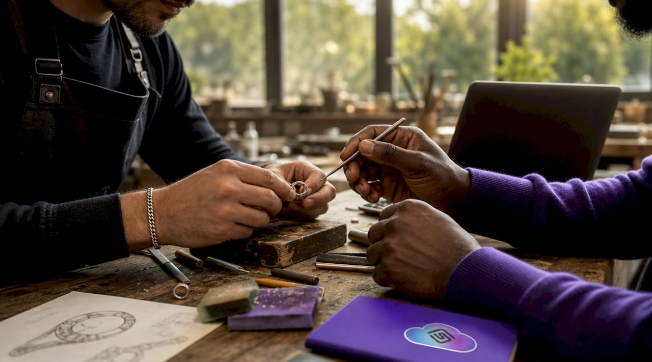 Jeweler hands assembling ring components on workbench