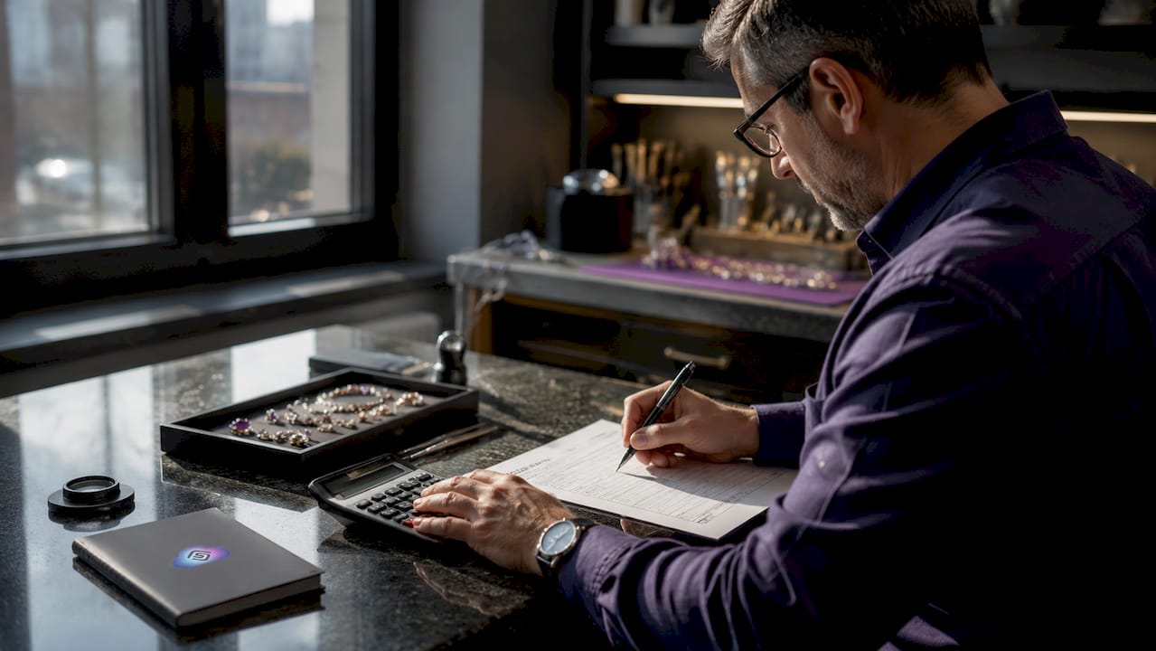 Jeweler calculating jewelry wholesale trade credit terms