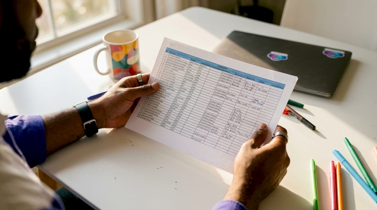 Hands working on jewelry product mapping spreadsheets
