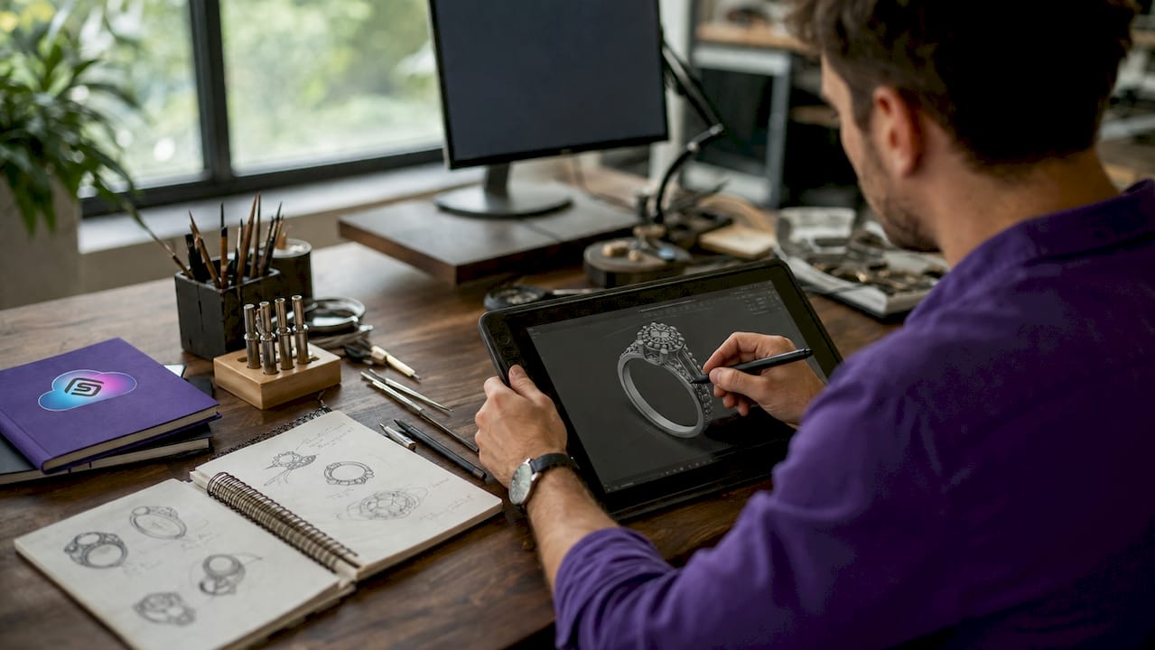 Hands working on CAD jewelry design model