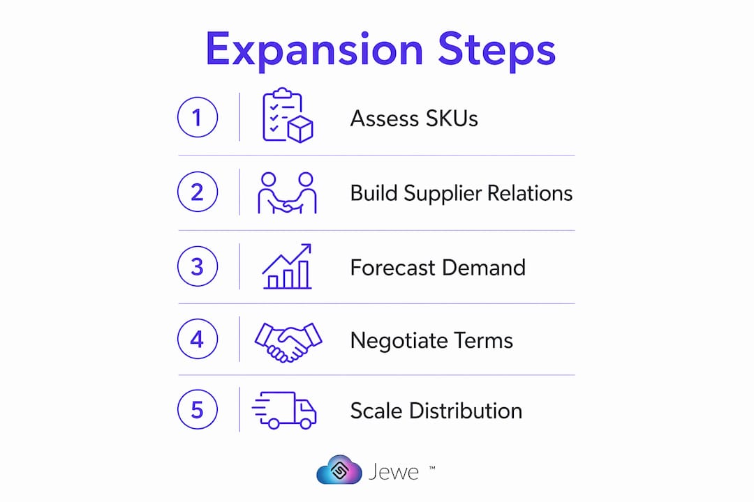 Infographic illustrating steps for jewelry wholesale retail expansion