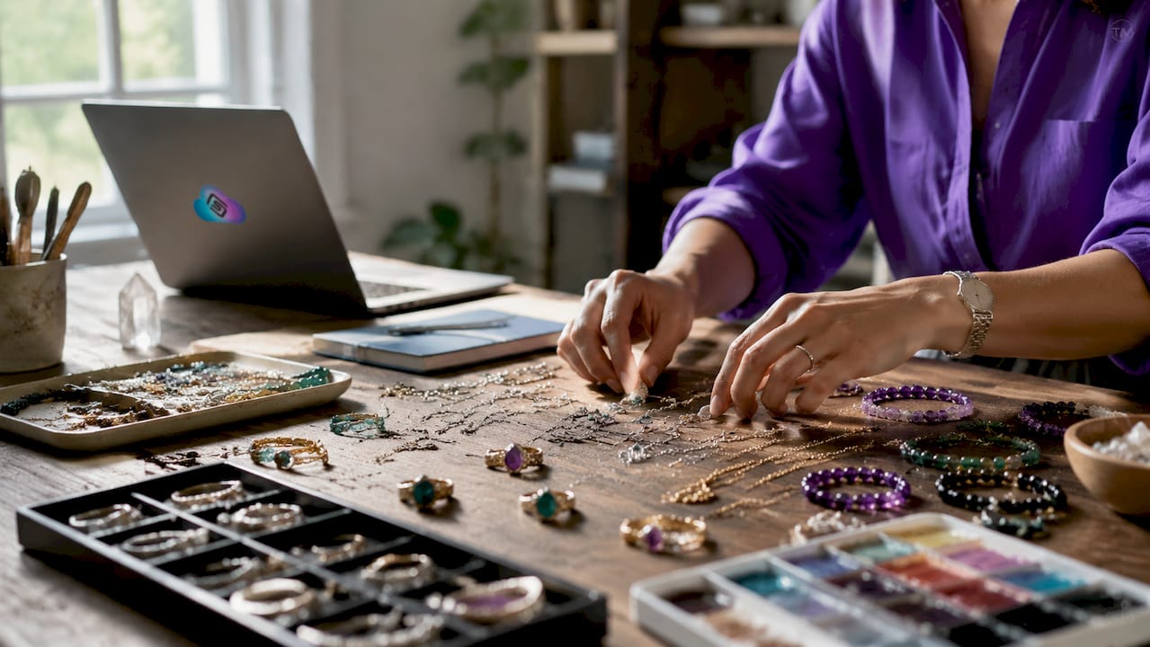 Hands organizing jewelry assortment on marble table