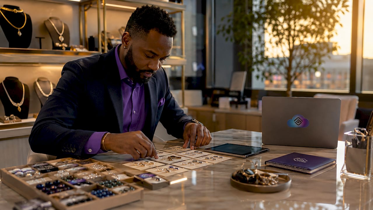 Jewelry manager's hands arranging metal and gemstone samples
