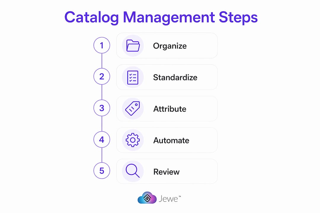 Infographic showing jewelry catalog management steps