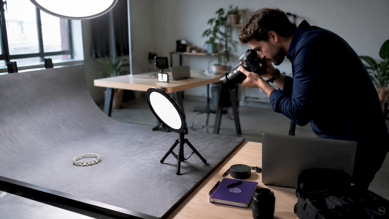 Close-up professional jewelry photography setup with gold necklace