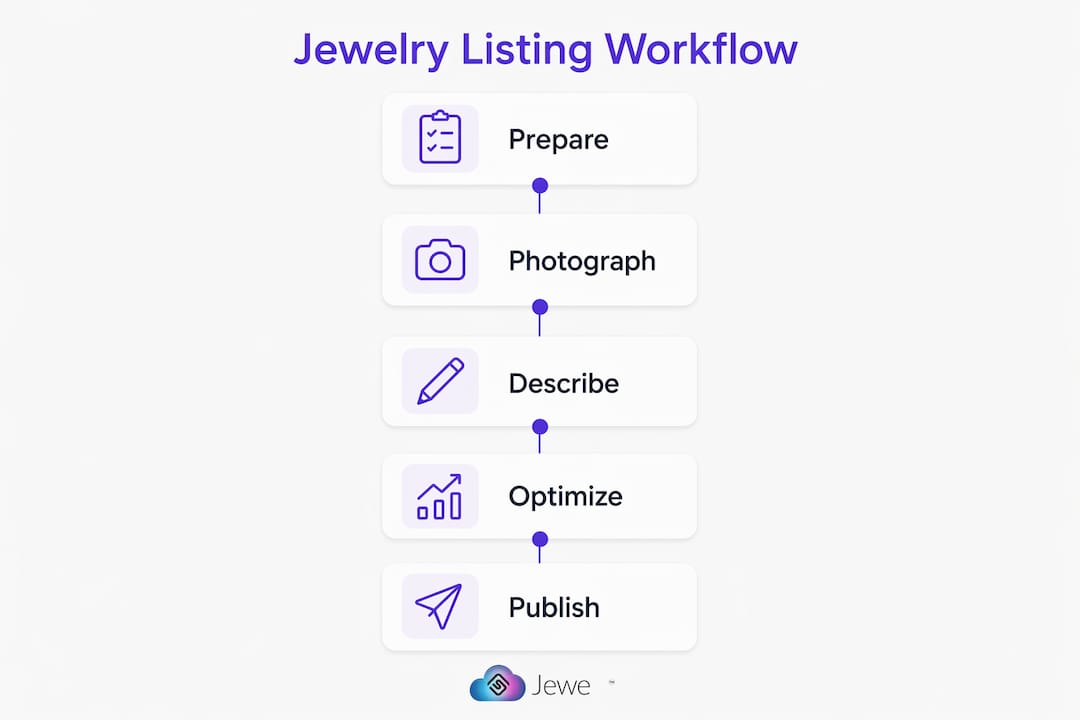 Infographic illustrating jewelry listing workflow steps