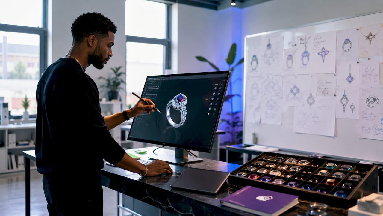 Hands adjusting 3D jewelry configurator on monitor