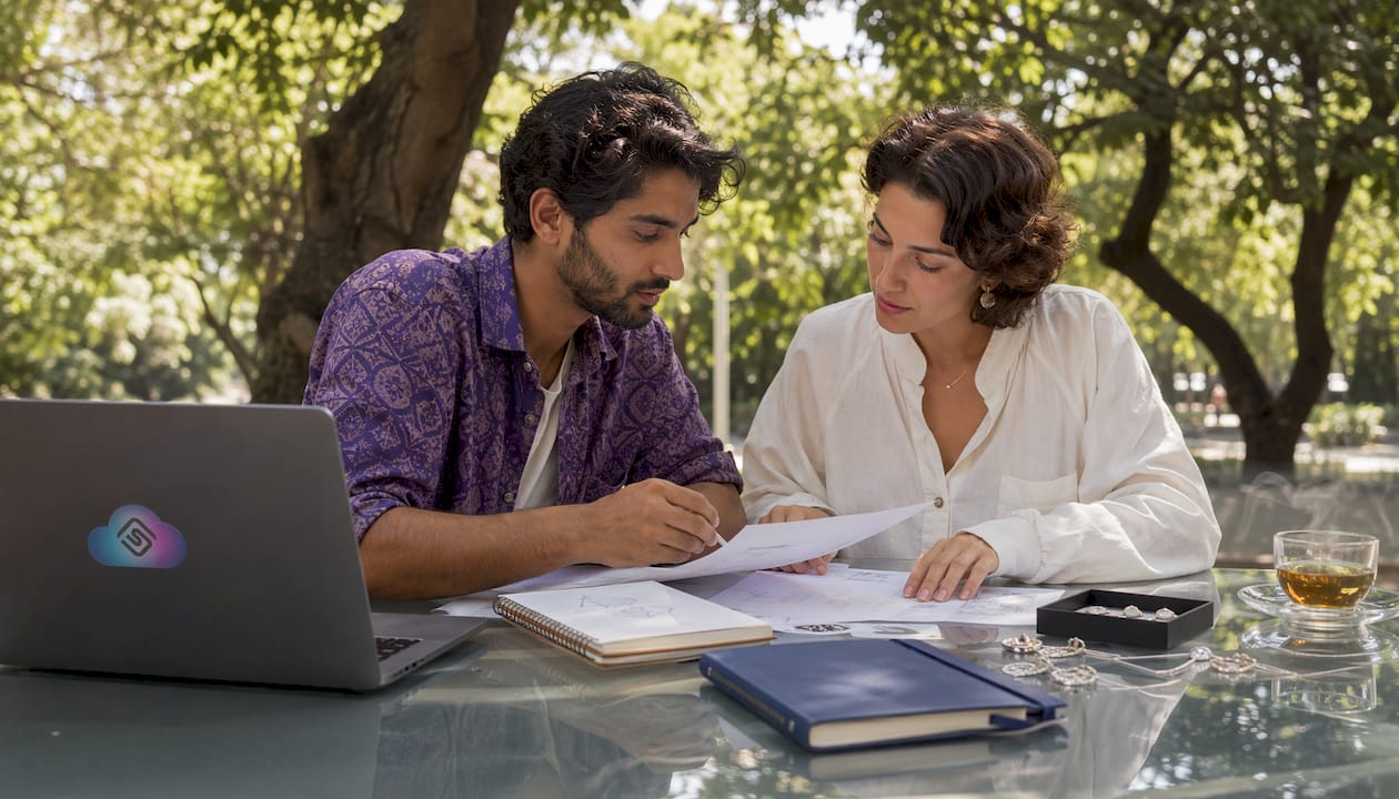 Two jewelry designers discussing business models