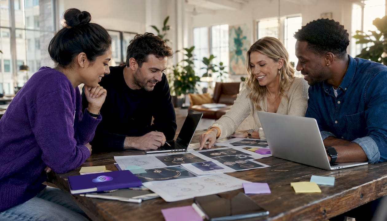 Creative team collaborating on jewelry content strategy