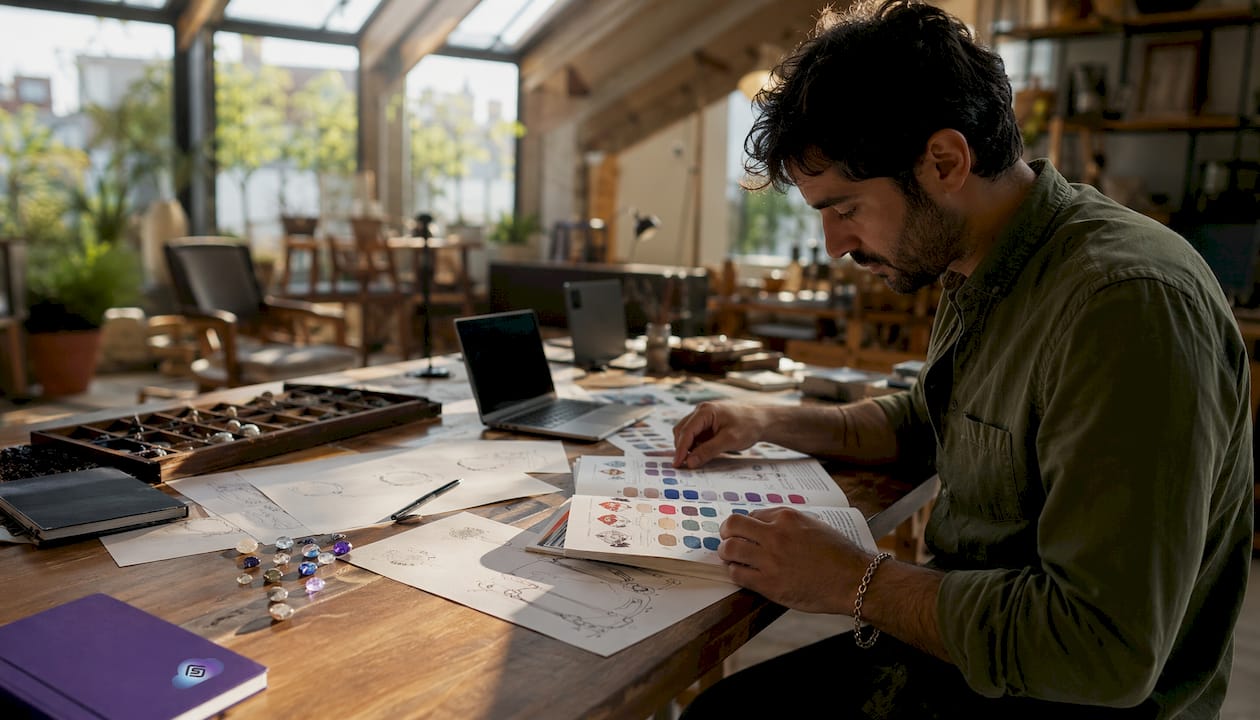 Jeweler reviewing trend boards and color swatches