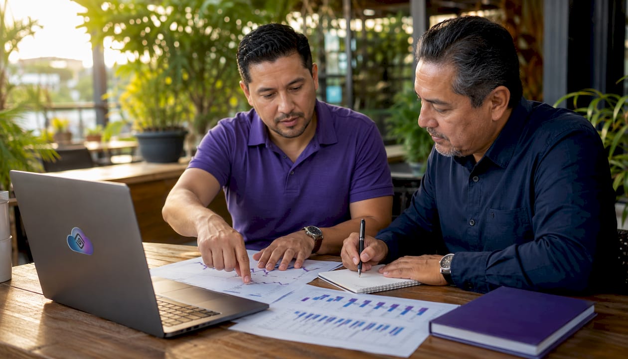 Two men reviewing jewelry sales and inventory data