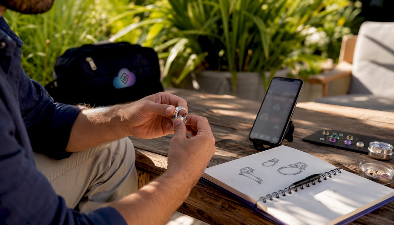 Hands testing ring design with mobile configurator nearby