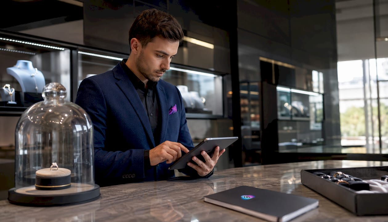 Retail associate using tablet for diamond search