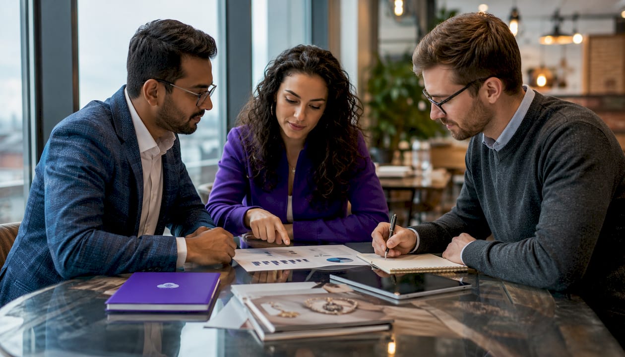 Jewelry buying team discussing sales data