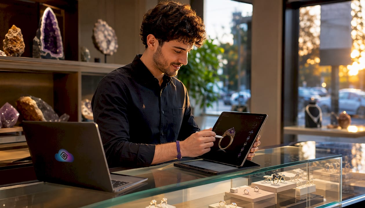 Retail associate using ring configurator tablet