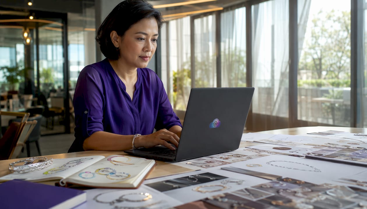 Woman entering jewelry supplier data on desktop