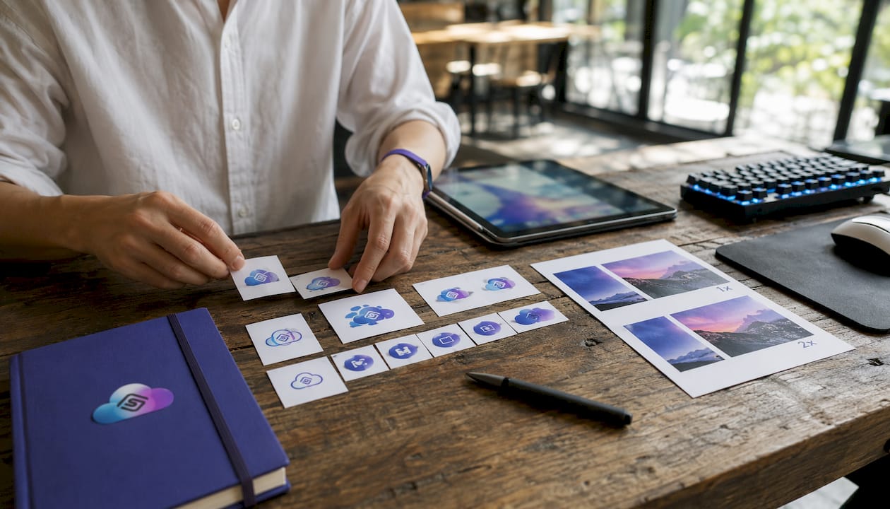 Hands organizing Shopify design assets and tokens