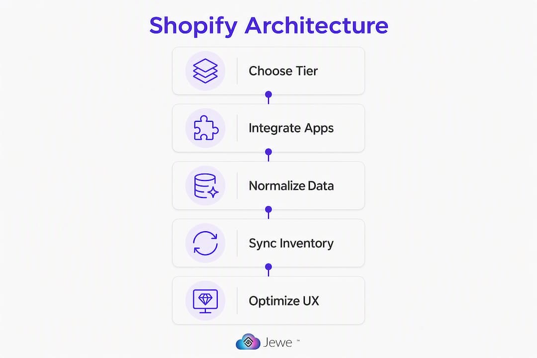 Infographic illustrating Shopify platform and integration steps