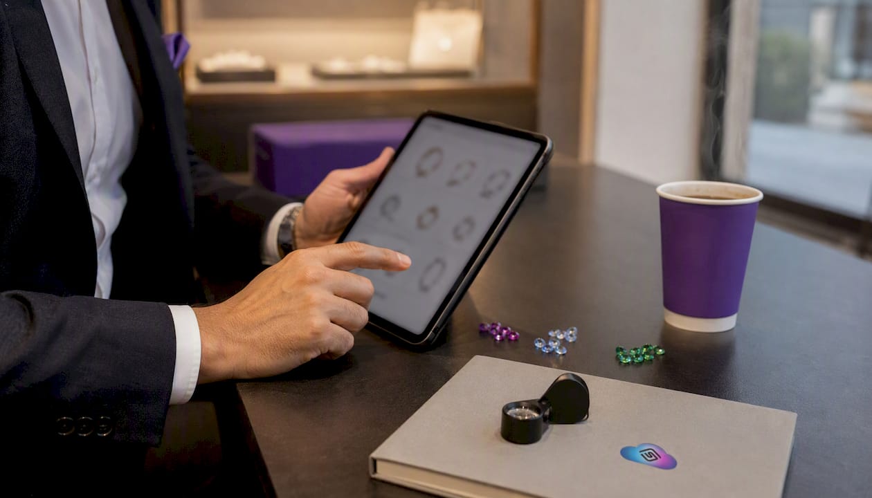Jeweler using tablet for ring builder features