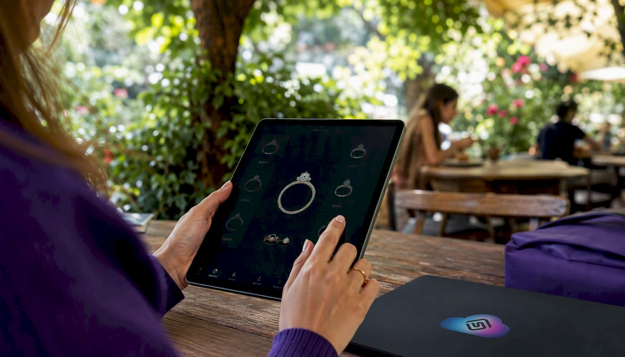 Hands browsing ring builder on smartphone