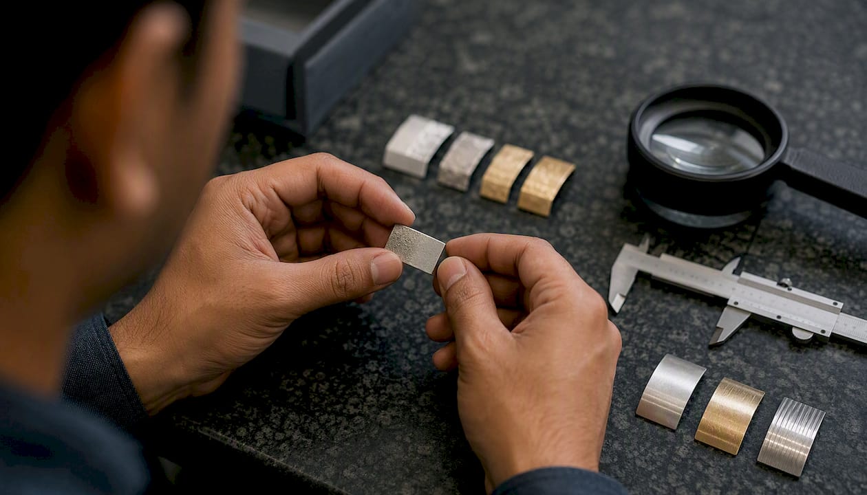 Hands inspecting metal samples for jewelry