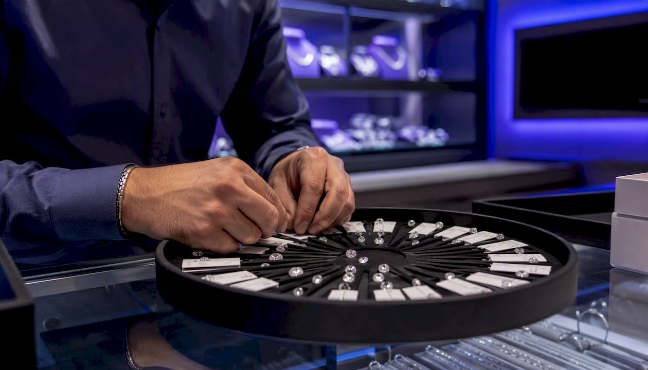 Jeweler adjusting diamond inventory tray