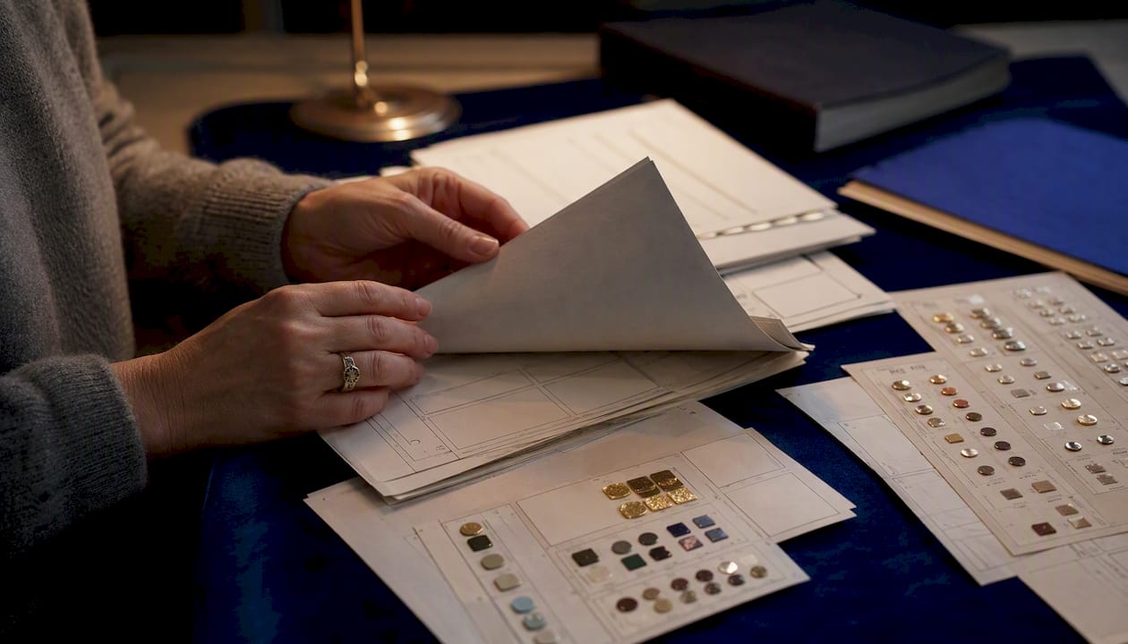 Hands organizing jewelry data and material samples