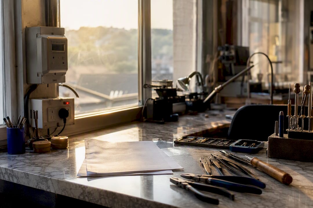 Jewelry studio workspace with tools and costs