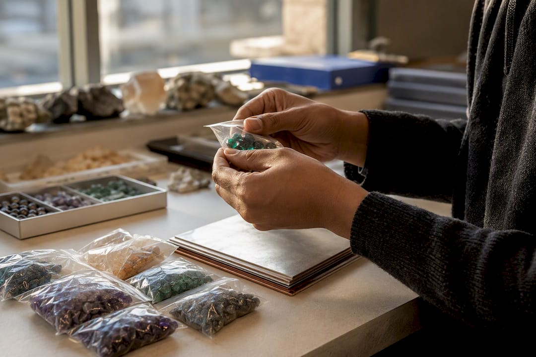 Hands inspecting raw jewelry materials